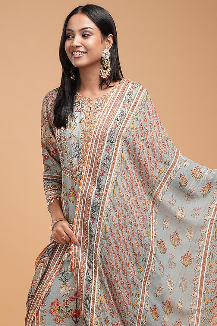 Pale Mint Chanderi Digital Printed Kurta Set by NIRRAAMYAA at Pernia's Pop Up Shop