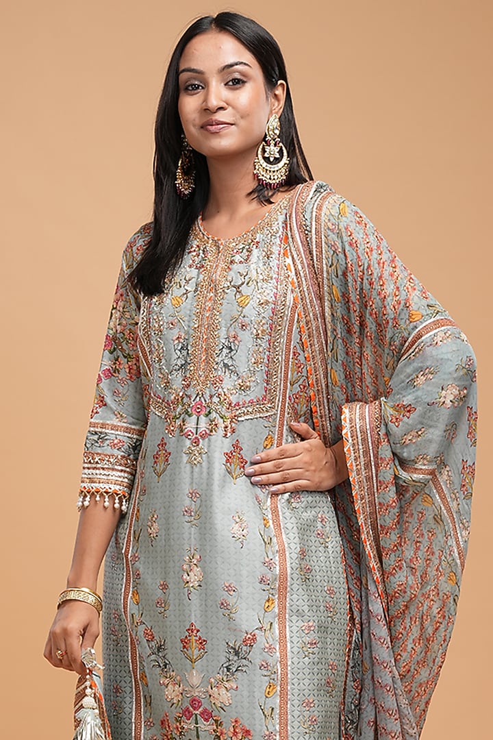 Pale Mint Chanderi Digital Printed Kurta Set by NIRRAAMYAA at Pernia's Pop Up Shop