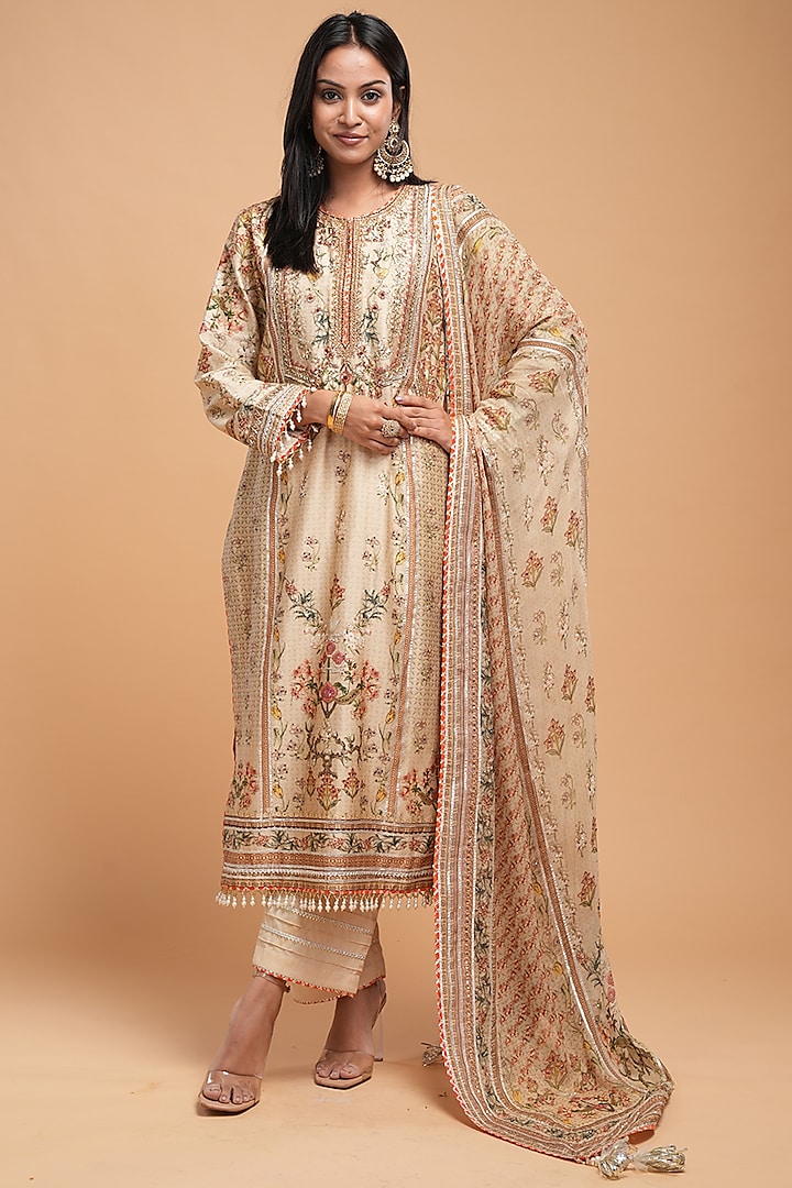 Beige Chanderi Digital Printed Kurta Set by NIRRAAMYAA at Pernia's Pop Up Shop