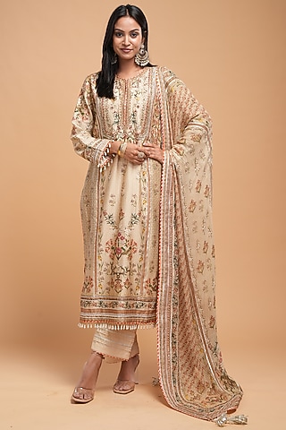 Beige Chanderi Digital Printed Kurta Set by NIRRAAMYAA