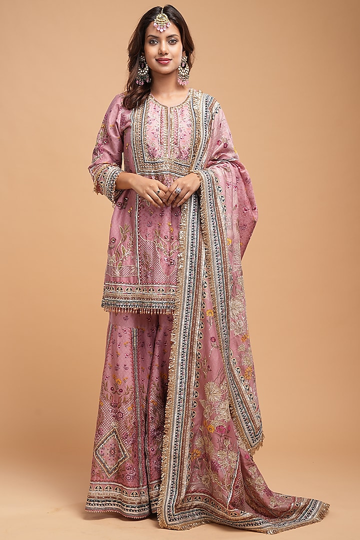 Pale Pink Chanderi Digital Printed Sharara Set by NIRRAAMYAA at Pernia's Pop Up Shop