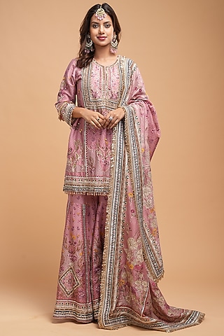 Pale Pink Chanderi Digital Printed Sharara Set by NIRRAAMYAA