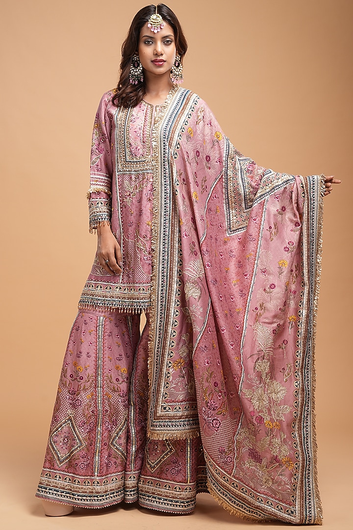 Pale Pink Chanderi Digital Printed Wedding Sharara Set by NIRRAAMYAA at Pernia's Pop Up Shop