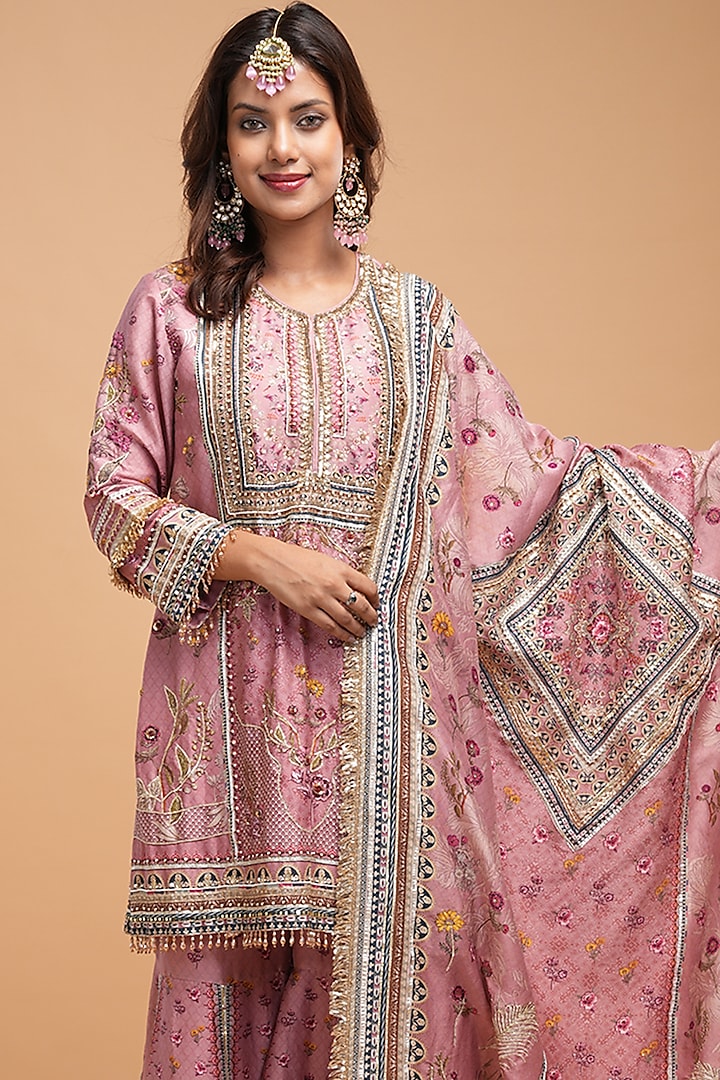 Pale Pink Chanderi Digital Printed Wedding Sharara Set by NIRRAAMYAA at Pernia's Pop Up Shop