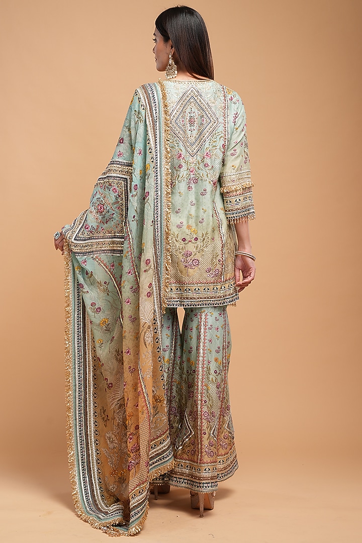 Aqua Chanderi Digital Printed Wedding Sharara Set by NIRRAAMYAA at Pernia's Pop Up Shop