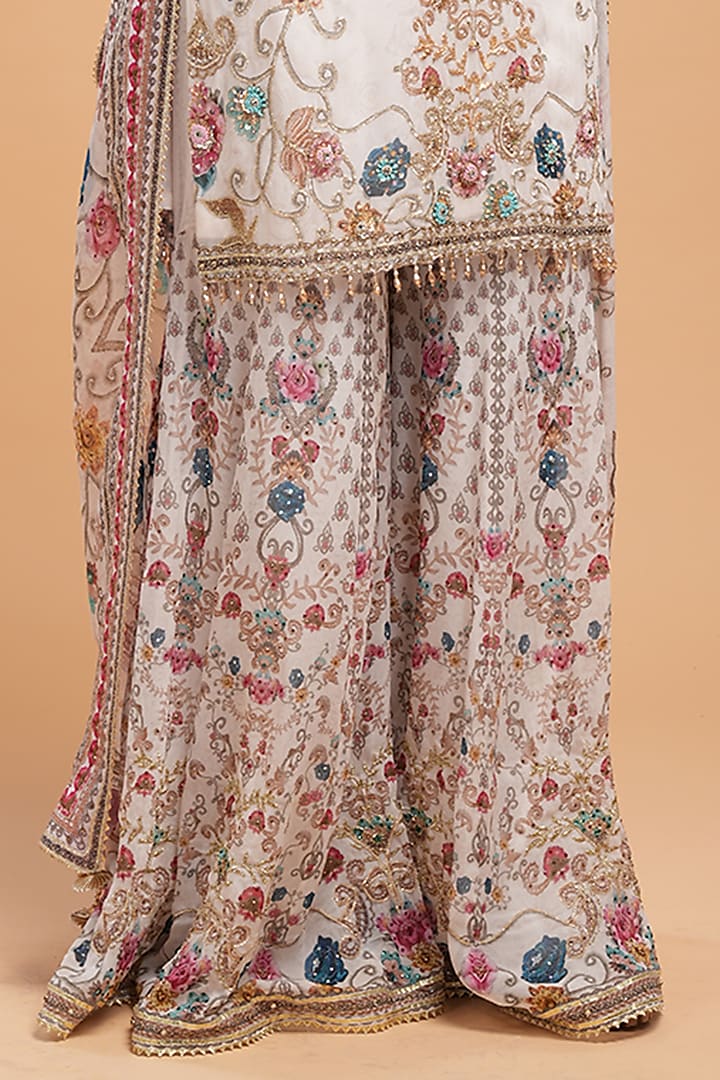 Ivory Georgette Digital Printed Wedding Sharara Set by NIRRAAMYAA at Pernia's Pop Up Shop