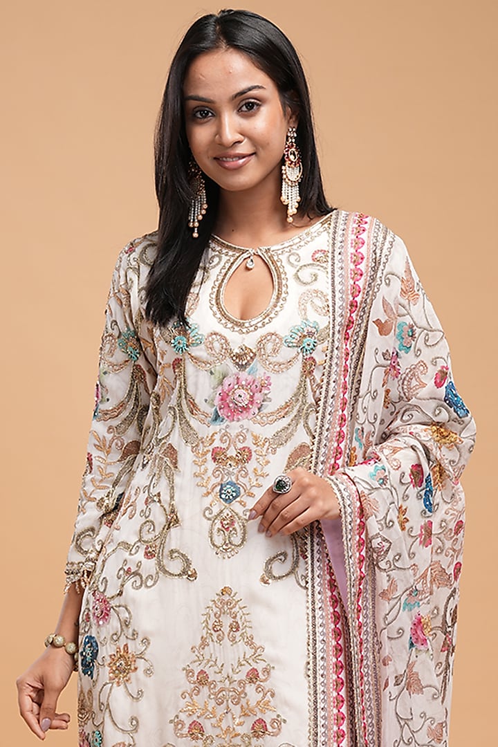 Ivory Georgette Digital Printed Wedding Sharara Set by NIRRAAMYAA at Pernia's Pop Up Shop