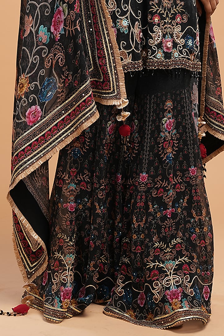 Black Georgette Digital Printed Wedding Sharara Set by NIRRAAMYAA at Pernia's Pop Up Shop