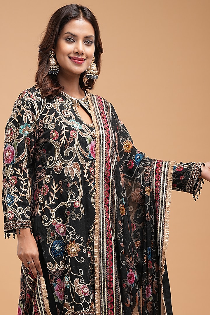 Black Georgette Digital Printed Wedding Sharara Set by NIRRAAMYAA at Pernia's Pop Up Shop