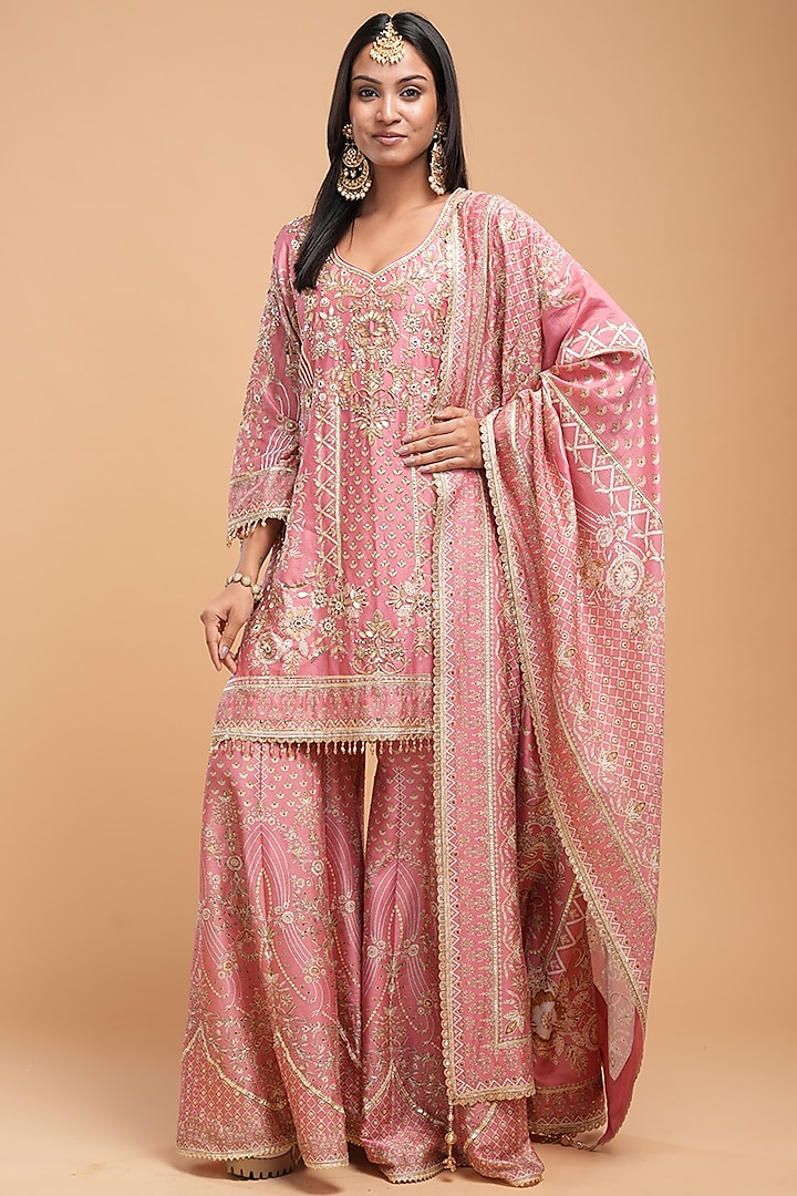 Pale Pink Chanderi Digital Printed Sharara Set by NIRRAAMYAA at Pernia's Pop Up Shop