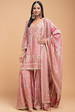 Pale Pink Chanderi Digital Printed Sharara Set by NIRRAAMYAA