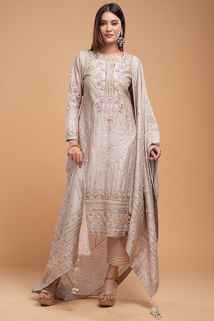 Beige Chanderi Digital Printed Kurta Set by NIRRAAMYAA at Pernia's Pop Up Shop
