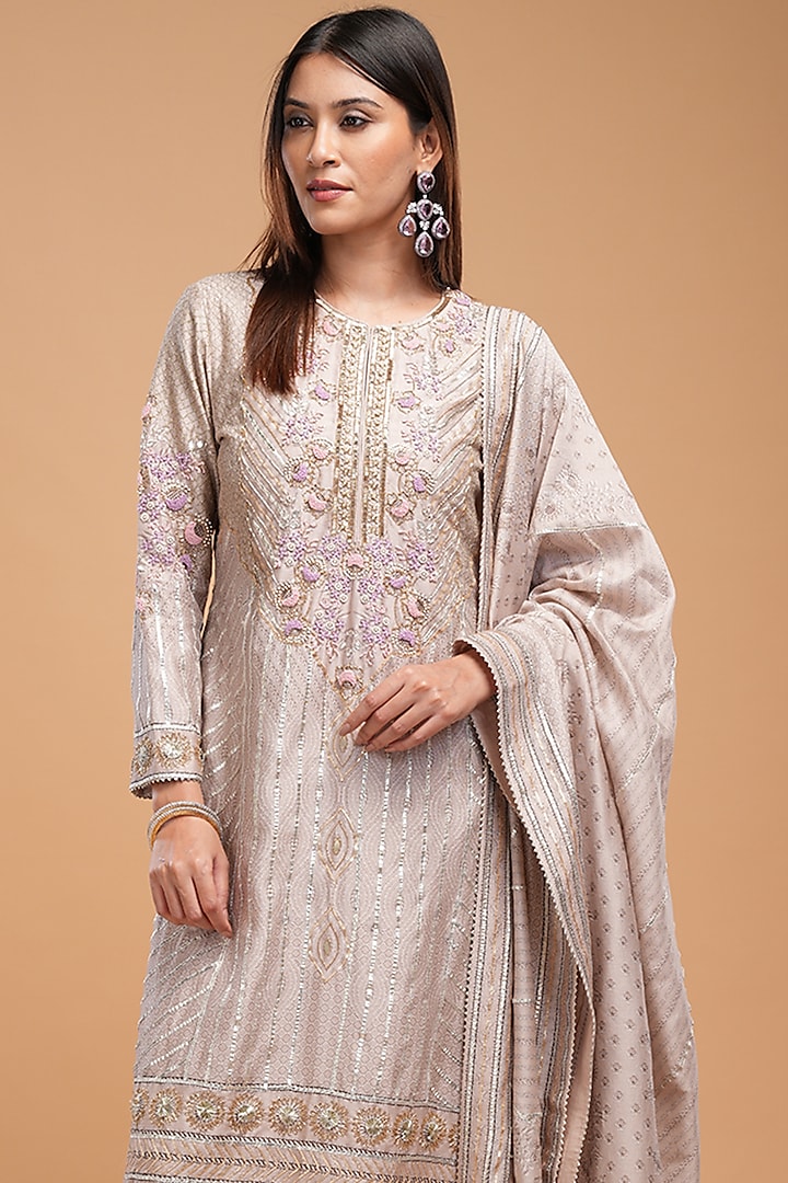 Beige Chanderi Digital Printed Kurta Set by NIRRAAMYAA at Pernia's Pop Up Shop