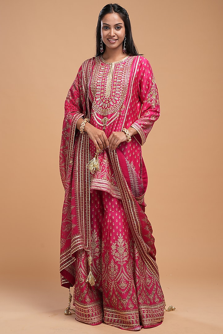 Fuchsia Chanderi Digital Printed Sharara Set by NIRRAAMYAA at Pernia's Pop Up Shop