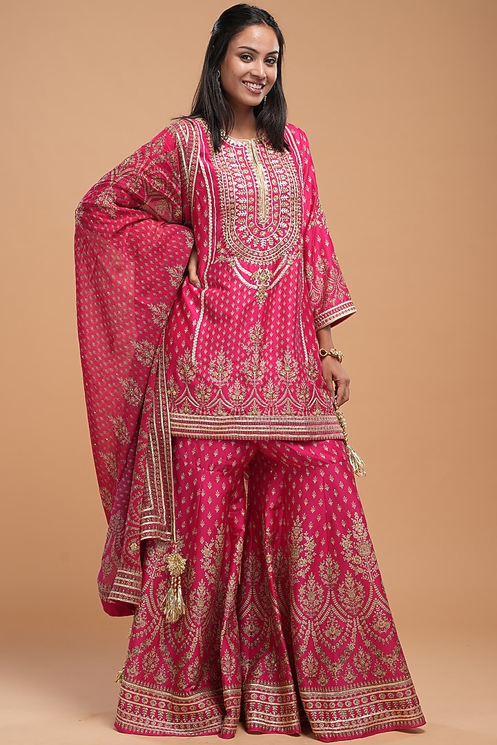 Fuchsia Chanderi Digital Printed Wedding Sharara Set by NIRRAAMYAA at Pernia's Pop Up Shop