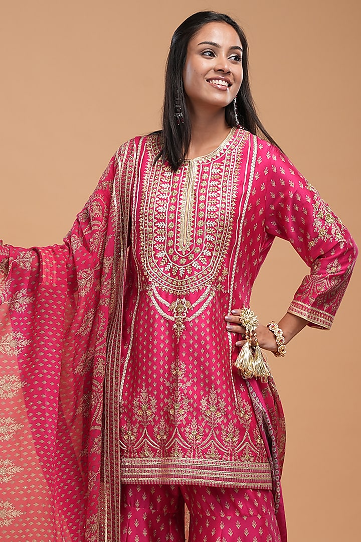 Fuchsia Chanderi Digital Printed Wedding Sharara Set by NIRRAAMYAA at Pernia's Pop Up Shop