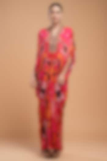 Fuchsia Bemberg Crepe Digital Printed & Embroidered Kaftan by NIRRAAMYAA at Pernia's Pop Up Shop