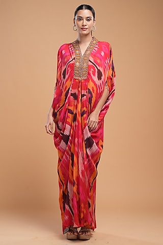 Fuchsia Bemberg Crepe Digital Printed & Embroidered Kaftan by NIRRAAMYAA