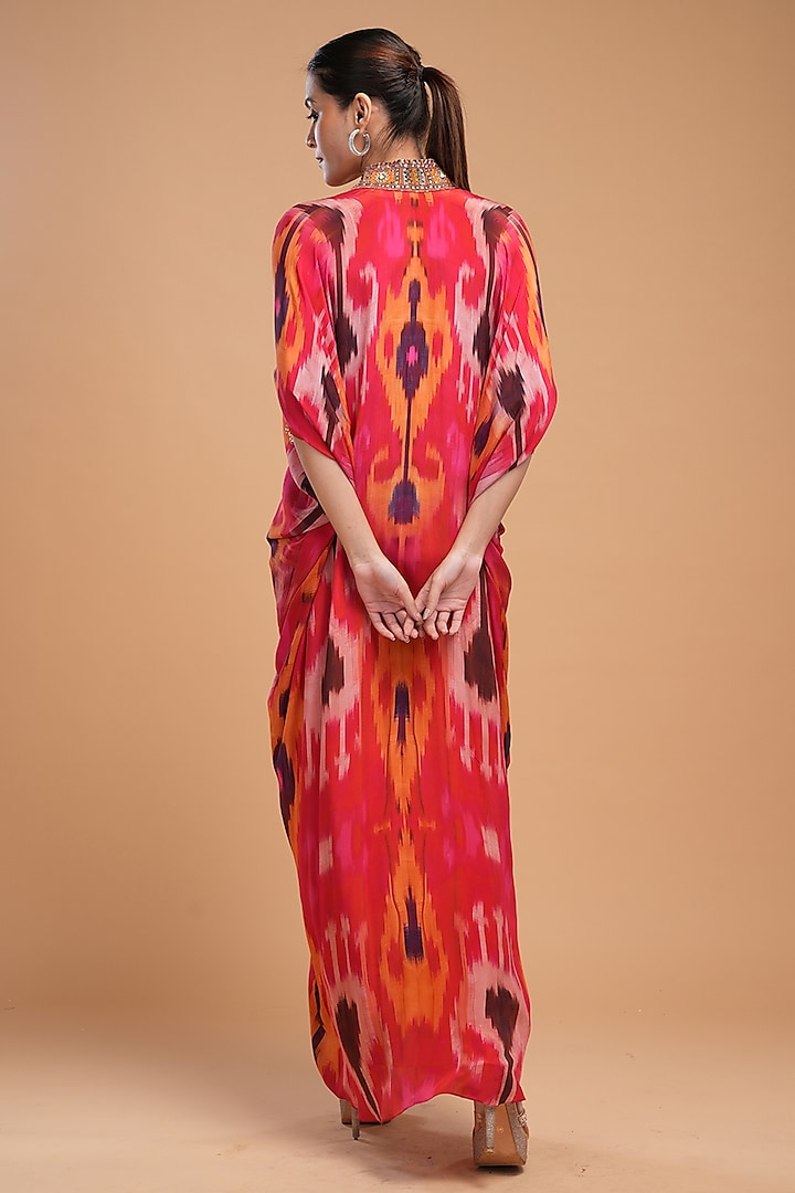 Fuchsia Bemberg Crepe Digital Printed & Embroidered Kaftan by NIRRAAMYAA at Pernia's Pop Up Shop