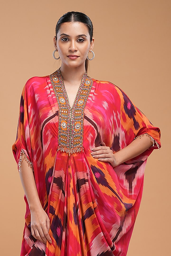 Fuchsia Bemberg Crepe Digital Printed & Embroidered Kaftan by NIRRAAMYAA at Pernia's Pop Up Shop