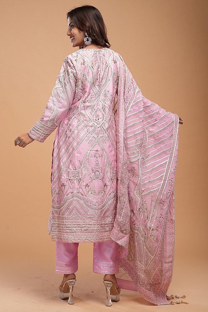 Baby Pink Chanderi Gota Embroidered Kurta Set by NIRRAAMYAA at Pernia's Pop Up Shop