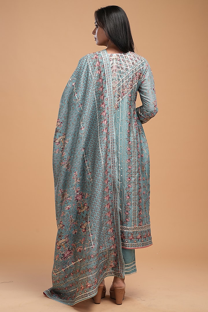 Aqua Chanderi Digital Printed & Gota Embroidered Kurta Set by NIRRAAMYAA at Pernia's Pop Up Shop