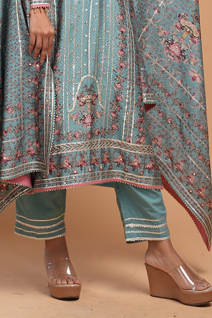 Aqua Chanderi Digital Printed & Gota Embroidered Kurta Set by NIRRAAMYAA at Pernia's Pop Up Shop