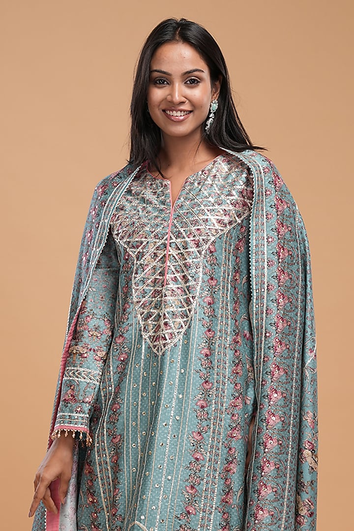 Aqua Chanderi Digital Printed & Gota Embroidered Kurta Set by NIRRAAMYAA at Pernia's Pop Up Shop