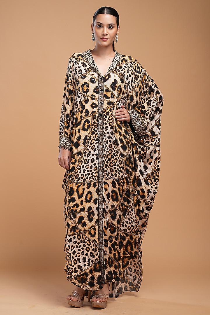 Black Crepe Animal Digital Printed & Embroidered Kaftan by NIRRAAMYAA at Pernia's Pop Up Shop