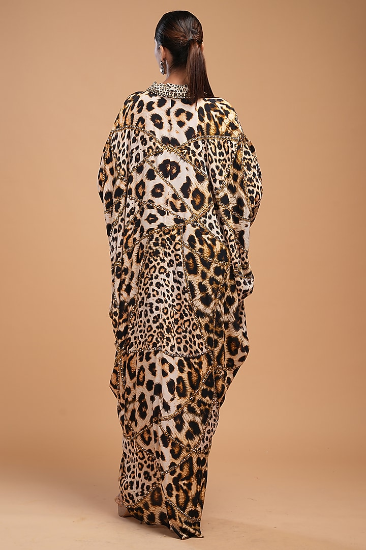 Black Crepe Animal Digital Printed & Embroidered Kaftan by NIRRAAMYAA at Pernia's Pop Up Shop