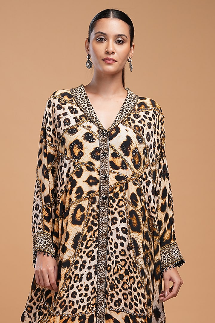 Black Crepe Animal Digital Printed & Embroidered Kaftan by NIRRAAMYAA at Pernia's Pop Up Shop