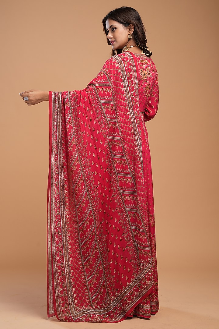 Red Crepe Digital Printed & Embroidered Wedding Anarkali Set by NIRRAAMYAA at Pernia's Pop Up Shop