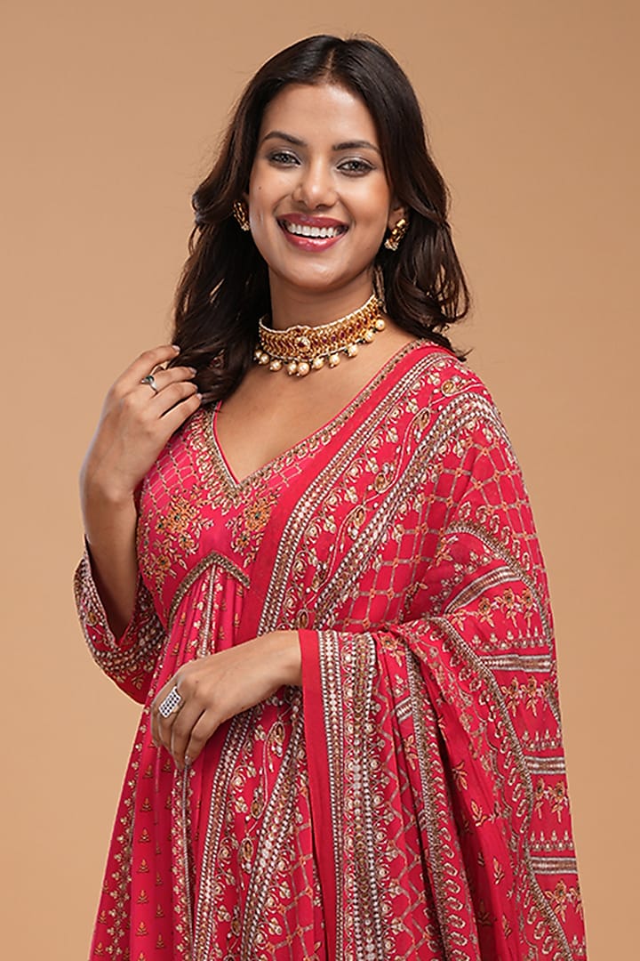 Red Crepe Digital Printed & Embroidered Wedding Anarkali Set by NIRRAAMYAA at Pernia's Pop Up Shop