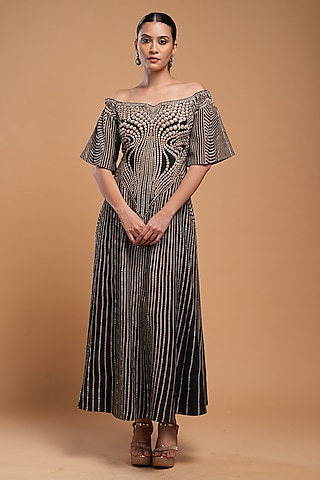 Black Bemberg Crepe Digital Printed & Embroidered Off-Shoulder Dress by NIRRAAMYAA