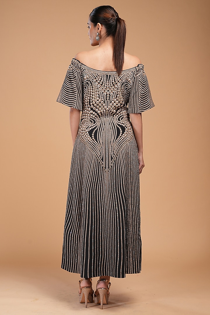 Black Bemberg Crepe Digital Printed & Embroidered Off-Shoulder Cocktail Dress by NIRRAAMYAA at Pernia's Pop Up Shop