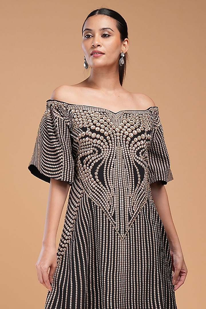 Black Bemberg Crepe Digital Printed & Embroidered Off-Shoulder Cocktail Dress by NIRRAAMYAA at Pernia's Pop Up Shop