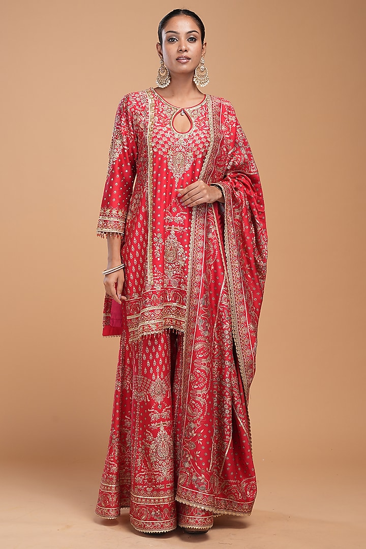 Red Chanderi Digital Printed & Gota Embroidered Sharara Set by NIRRAAMYAA at Pernia's Pop Up Shop