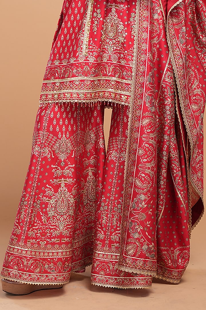 Red Chanderi Digital Printed & Gota Embroidered Wedding Sharara Set by NIRRAAMYAA at Pernia's Pop Up Shop