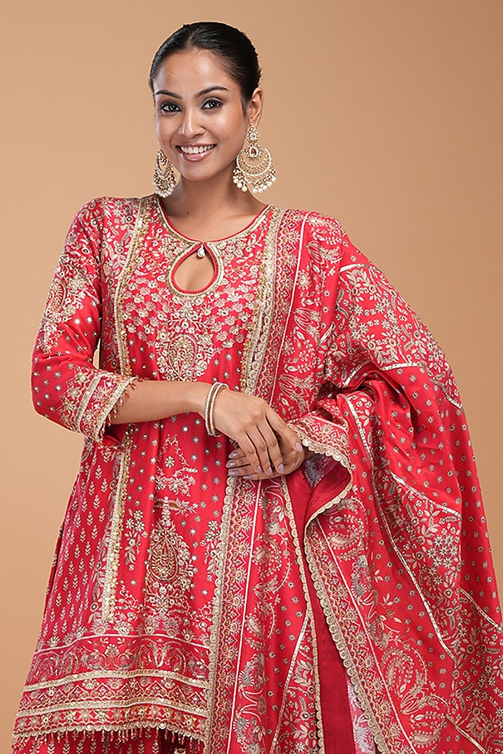 Red Chanderi Digital Printed & Gota Embroidered Wedding Sharara Set by NIRRAAMYAA at Pernia's Pop Up Shop