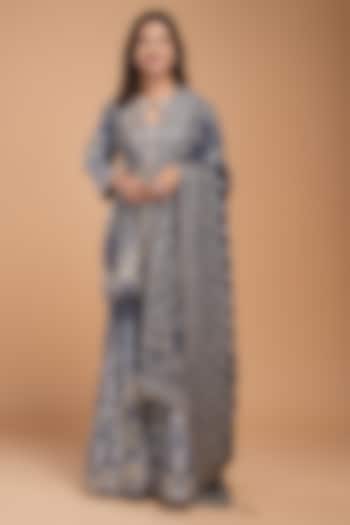 Navy Blue Chanderi Digital Printed & Gota Hand Embroidered Party Wear Sharara Set by NIRRAAMYAA at Pernia's Pop Up Shop