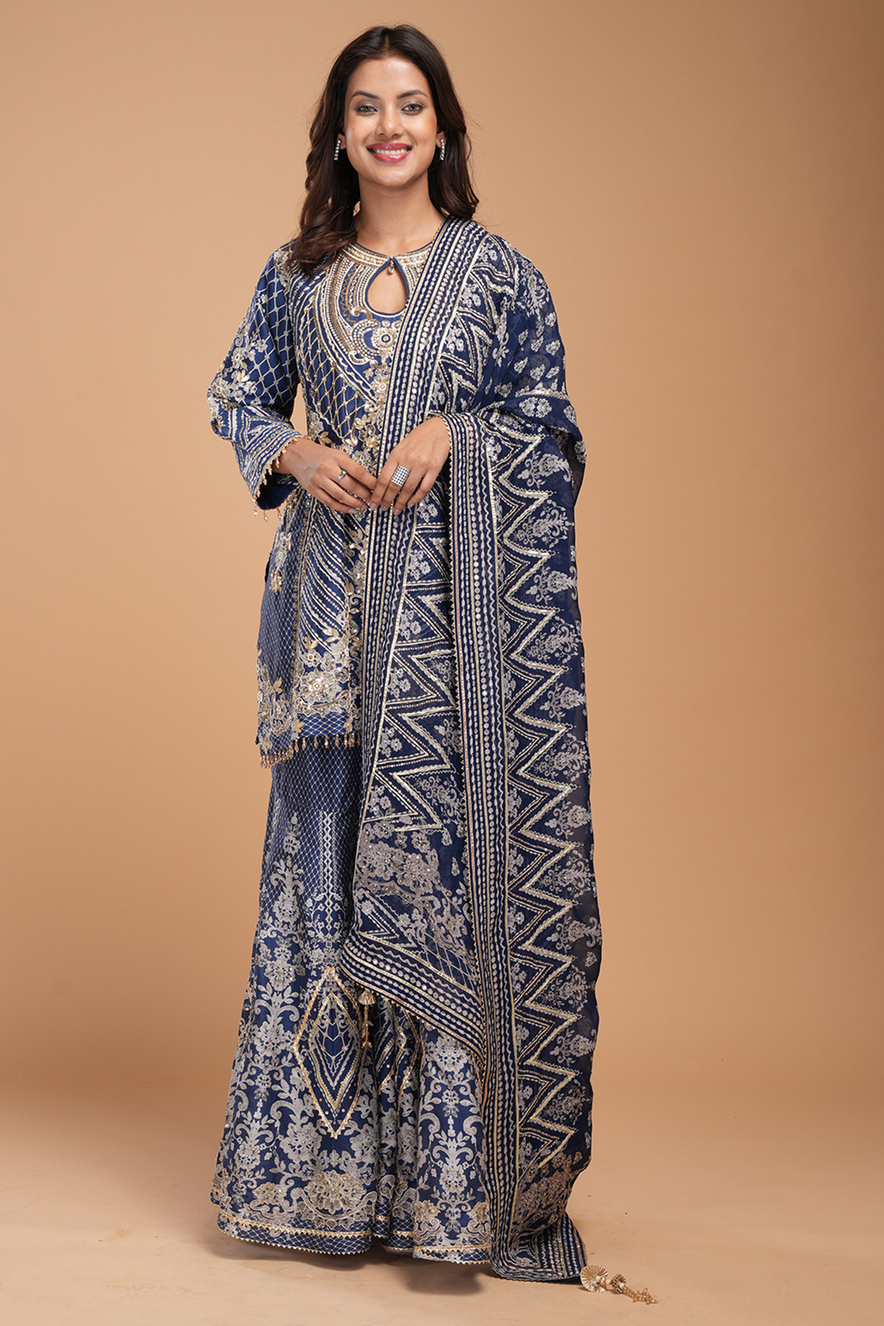 Navy Blue Chanderi Digital Printed & Gota Hand Embroidered Party Wear Sharara Set by NIRRAAMYAA at Pernia's Pop Up Shop