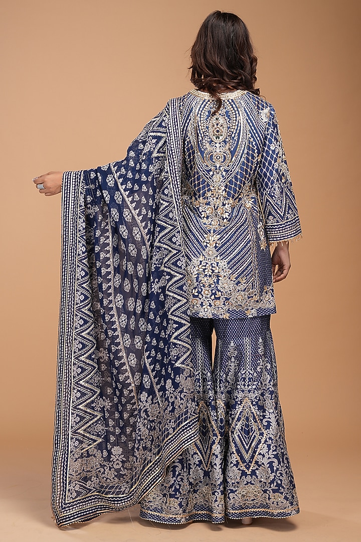 Navy Blue Chanderi Digital Printed & Gota Hand Embroidered Wedding Sharara Set by NIRRAAMYAA at Pernia's Pop Up Shop