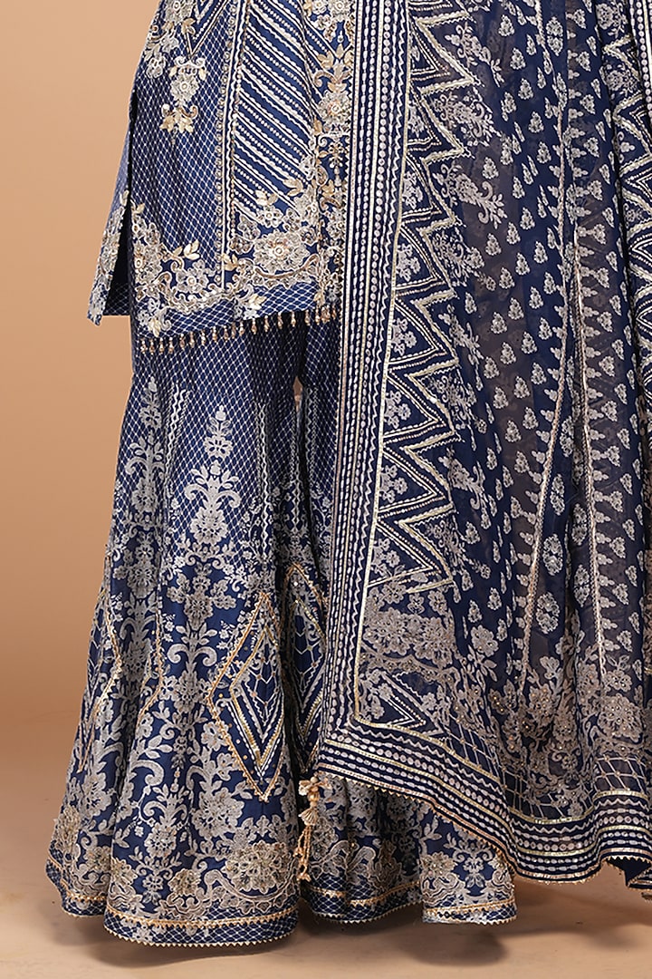 Navy Blue Chanderi Digital Printed & Gota Hand Embroidered Wedding Sharara Set by NIRRAAMYAA at Pernia's Pop Up Shop