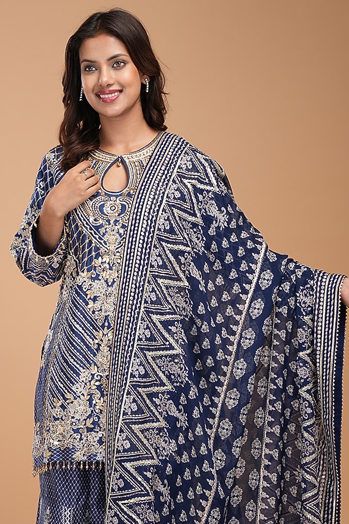 Navy Blue Chanderi Digital Printed & Gota Hand Embroidered Wedding Sharara Set by NIRRAAMYAA at Pernia's Pop Up Shop