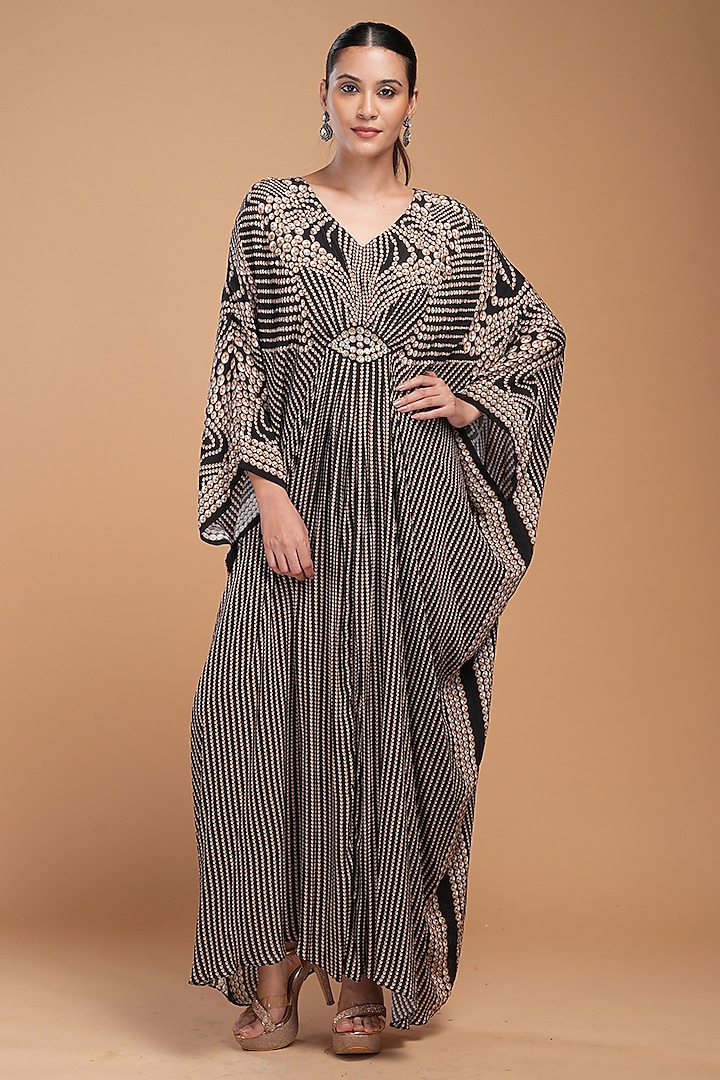 Black Bemberg Crepe Digital Printed & Embroidered Kaftan by NIRRAAMYAA at Pernia's Pop Up Shop