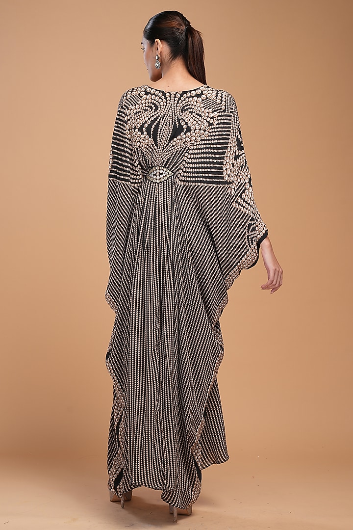 Black Bemberg Crepe Digital Printed & Embroidered Kaftan by NIRRAAMYAA at Pernia's Pop Up Shop