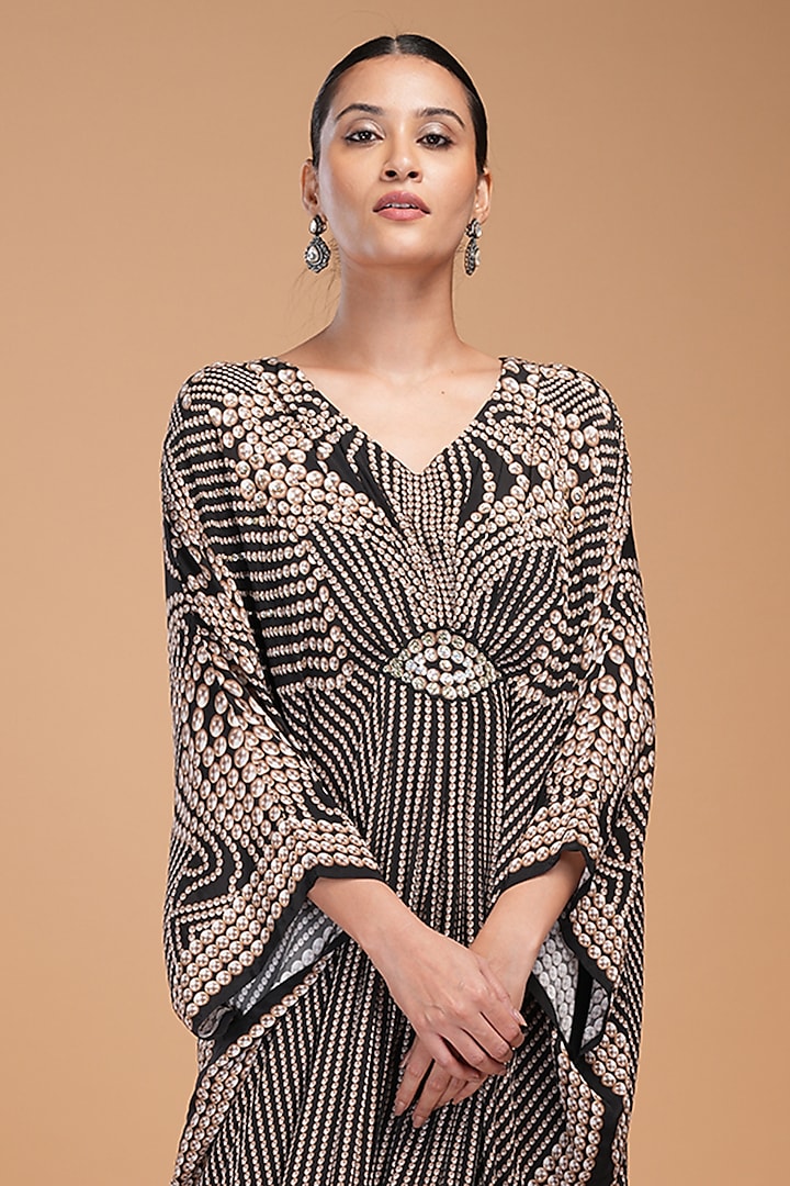 Black Bemberg Crepe Digital Printed & Embroidered Kaftan by NIRRAAMYAA at Pernia's Pop Up Shop