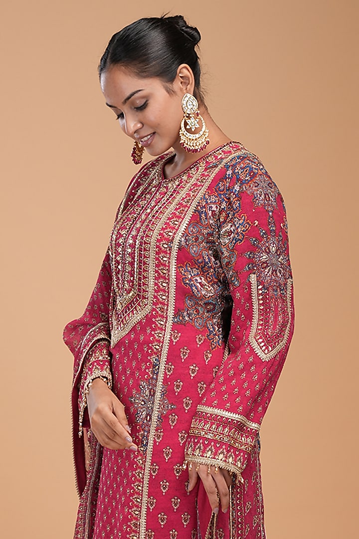 Fuchsia Georgette Digital Printed & Hand Embroidered Kurta Set by NIRRAAMYAA at Pernia's Pop Up Shop