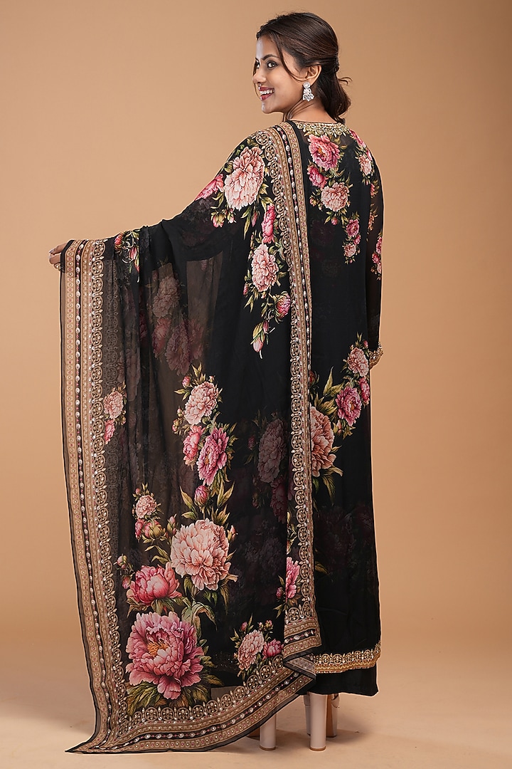 Black Dobby Georgette Digital Printed & Embroidered Kurta Set by NIRRAAMYAA at Pernia's Pop Up Shop