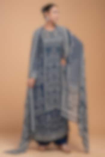 Blue Dobby Georgette Digital Printed & Embroidered Kurta Set by NIRRAAMYAA at Pernia's Pop Up Shop